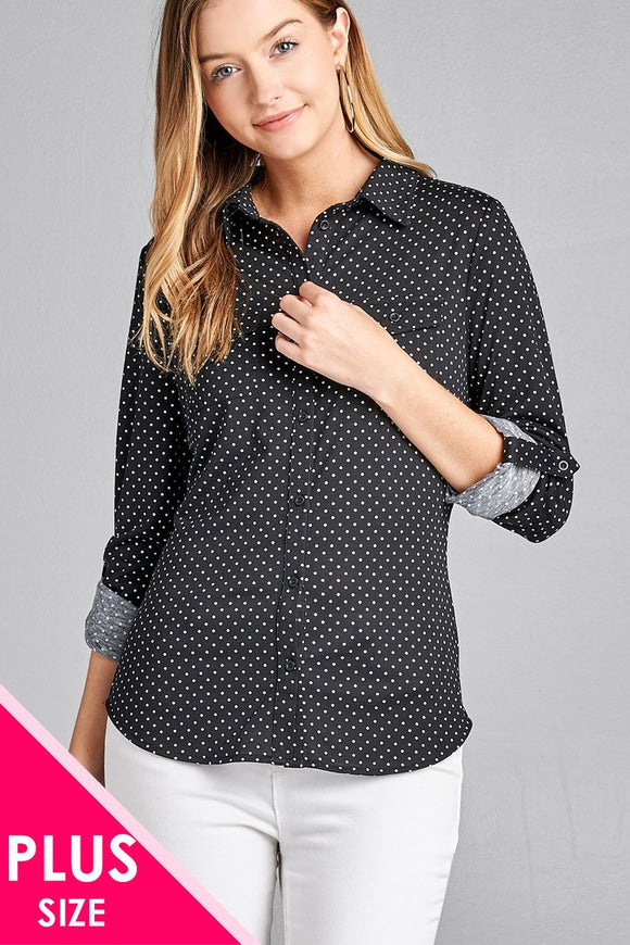 Ladies fashion plus size 3/4 roll up sleeve front pocket detail dot print stretch knit shirts