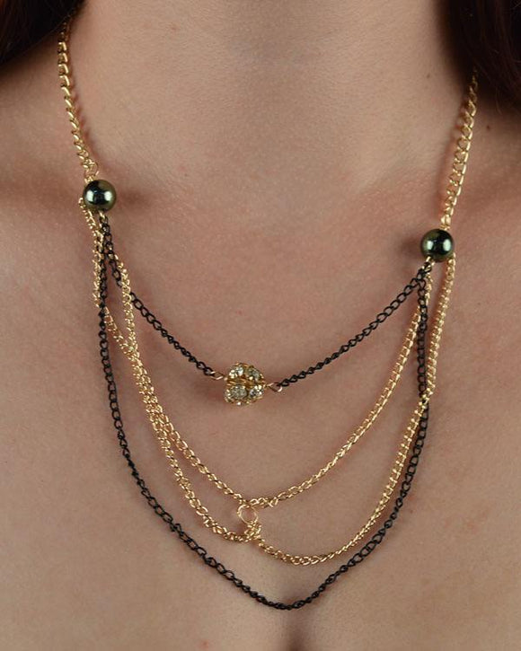 Layered faux pearl chain necklace w/ rhinestone detail