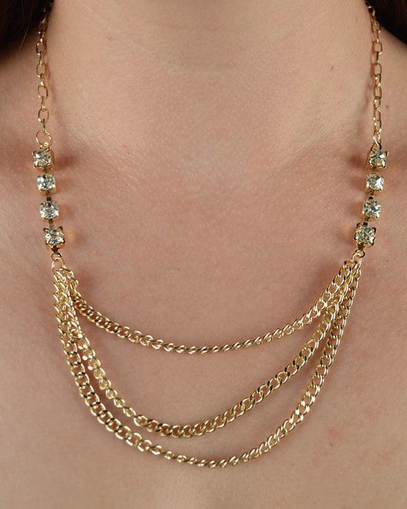 Layered Chain Necklace w/ Rhinestone Detail