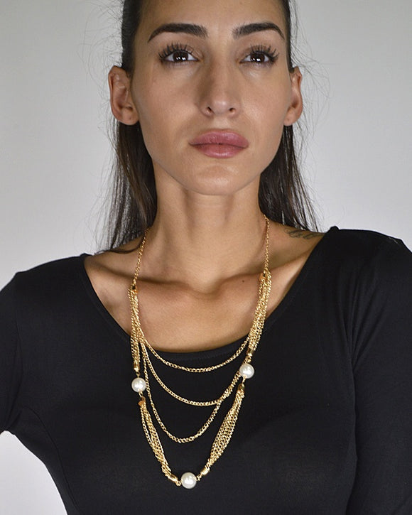 Multiple Strand Pearl Embellished Curb Chain Necklace