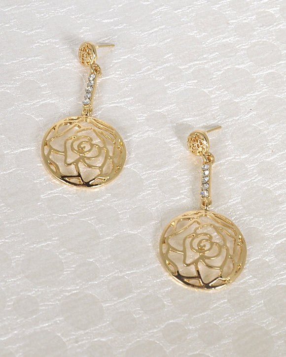 Floral Pattern Stone Studded Metallic Drop Earrings
