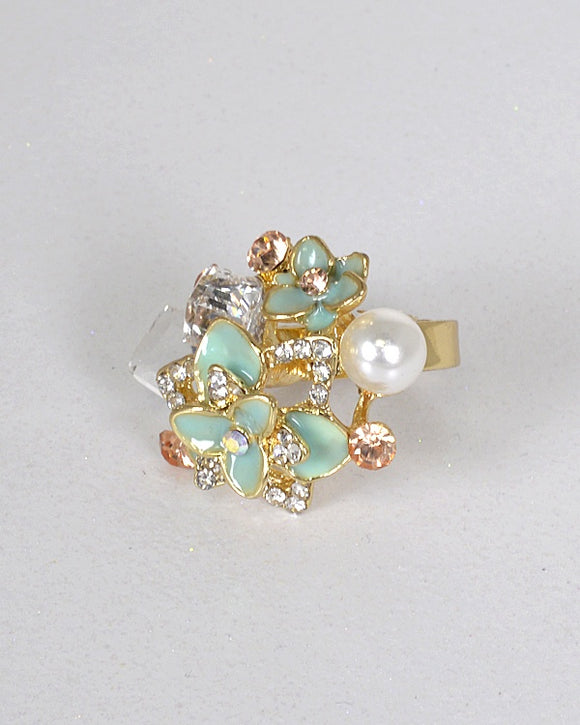 Pearl Stone and Crystal Embellished Adjustable Ring