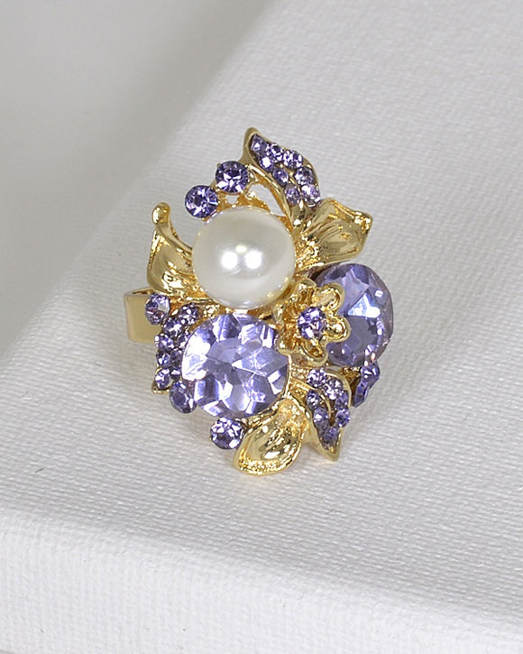 Metal Accented Rhinestone Crystal and Pearl Studded Ring