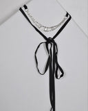 Layered Rhinestone Studded Pendant and Tie Up Pattern Choker Necklace