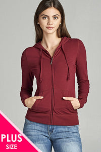 Ladies fashion plus size full zip-up closure hoodie w/long sleeves and lined drawstring hood