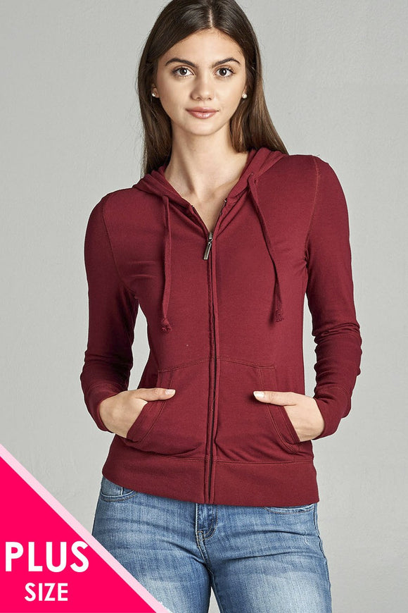 Ladies fashion plus size full zip-up closure hoodie w/long sleeves and lined drawstring hood