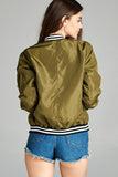 Ladies fashion plus size light weight bomber jacket w/ varsity stripe trim