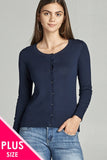 Ladies fashion plus size 3/4 sleeve crew neck cardigan sweater