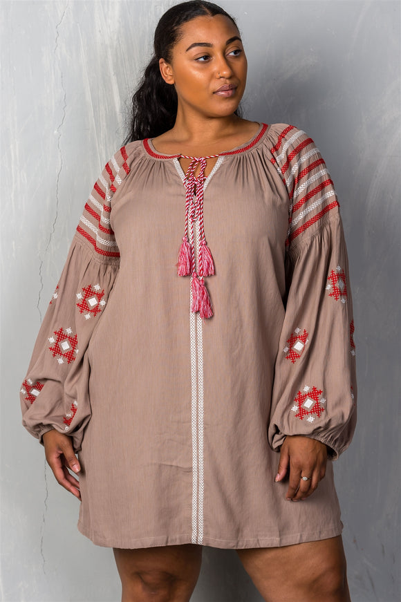 Ladies fashion plus size mocha tribal embroidered long sleeve blouse w/ tassel at collar
