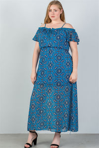 Ladies fashion plus size blue & floral print cold shoulder maxi dress