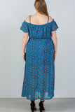 Ladies fashion plus size blue & floral print cold shoulder maxi dress