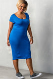 Ladies fashion plus size short sleeves stretchy fitted midi length round neckline dress