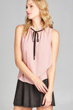 Ladies fashion plus size sleeveless contrast self-tie wool dobby woven top