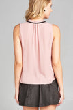 Ladies fashion plus size sleeveless contrast self-tie wool dobby woven top