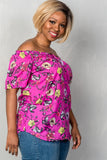 Ladies fashion plus size boho fuchsia floral print elastic neckline off the shoulder top