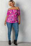 Ladies fashion plus size boho fuchsia floral print elastic neckline off the shoulder top