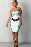 Ladies fashion plus size mint & white colorblock strapless bustier  midi dress