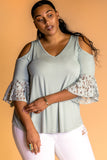Ladies fashion plus size boho lace bell sleeves cold shoulder top