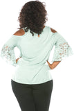 Ladies fashion plus size boho lace bell sleeves cold shoulder top