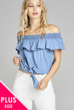Ladies fashion plus size off the shoulder w/smocked ruffle front self tie chambray top