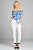 Ladies fashion plus size off the shoulder w/smocked ruffle front self tie chambray top
