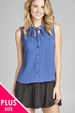 Ladies fashion plus size sleeveless v-neck self tie w/eyelet detail front button woven top