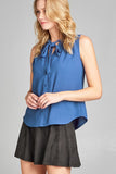 Ladies fashion plus size sleeveless v-neck self tie w/eyelet detail front button woven top