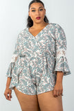 Ladies fashion plus size 3/4 bell sleeves floral crochet sleeves surplice romper
