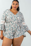 Ladies fashion plus size 3/4 bell sleeves floral crochet sleeves surplice romper