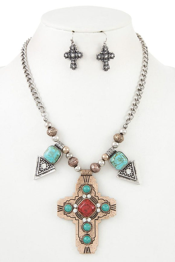 Ladies etched cross pendant faux gem necklace set