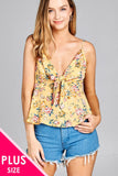 Ladies fashion plus size heart neck w/self tie detail floral print cami woven top