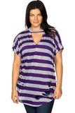 Ladies fashion plus size round neckline striped and destroyed cutout tee