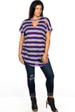 Ladies fashion plus size round neckline striped and destroyed cutout tee