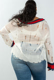 Ladies fashion plus size v neckline size stripe shark-bite sweater