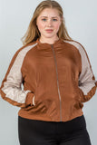 Ladies fashion plus size color block stand collar zipper long sleeve bomber jacket