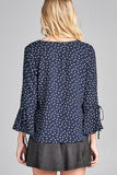 Ladies fashion plus size 3/4 w/bell sleeve round neck dot print crepe woven top