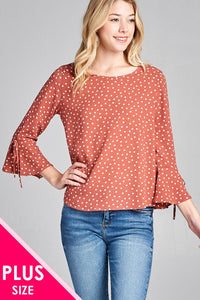 Ladies fashion plus size 3/4 w/bell sleeve round neck dot print crepe woven top