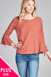 Ladies fashion plus size 3/4 w/bell sleeve round neck dot print crepe woven top