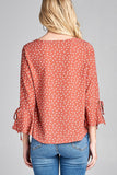 Ladies fashion plus size 3/4 w/bell sleeve round neck dot print crepe woven top