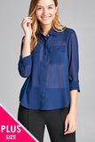 Ladies fashion plus size long sleeve front pocket chiffon blouse w/black button detail