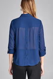 Ladies fashion plus size long sleeve front pocket chiffon blouse w/black button detail