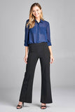 Ladies fashion plus size long sleeve front pocket chiffon blouse w/black button detail