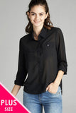 Ladies fashion plus size long sleeve front pocket chiffon blouse w/black button detail