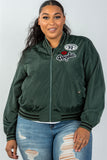 Ladies fashion plus size dark green patch bomber jacket