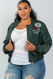 Ladies fashion plus size dark green patch bomber jacket