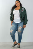 Ladies fashion plus size dark green patch bomber jacket