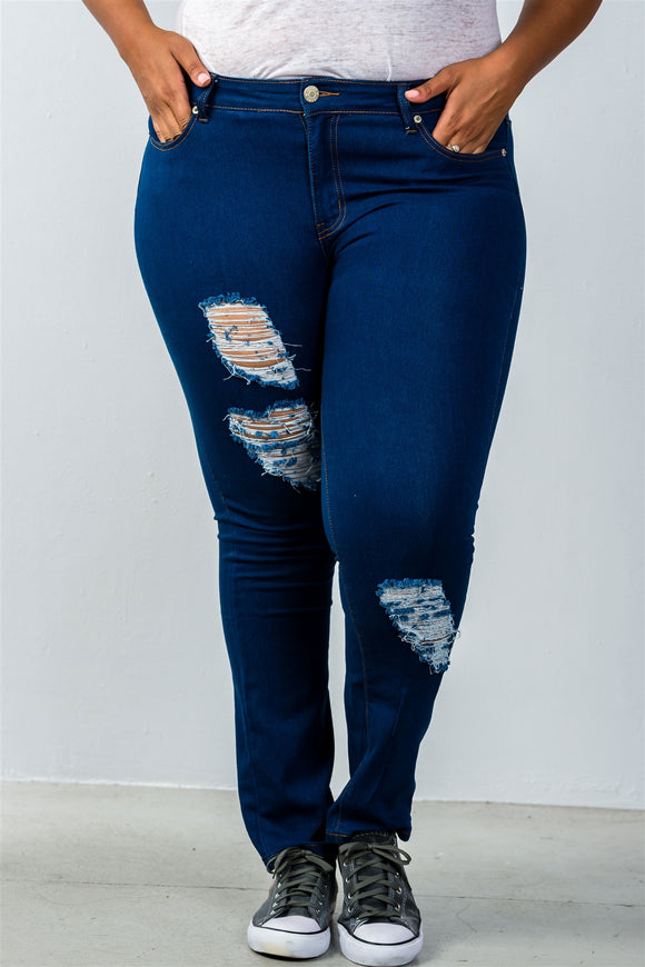 Ladies fashion plus size low rise dark blue distressed jeans