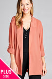 Ladies fashion plus size 3/4 roll up sleeve open front woven jacket