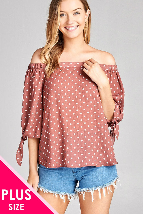 Ladies fashion plus size 3/4 sleeve w/ribbon tie off the shoulder dot print woven top