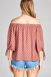 Ladies fashion plus size 3/4 sleeve w/ribbon tie off the shoulder dot print woven top